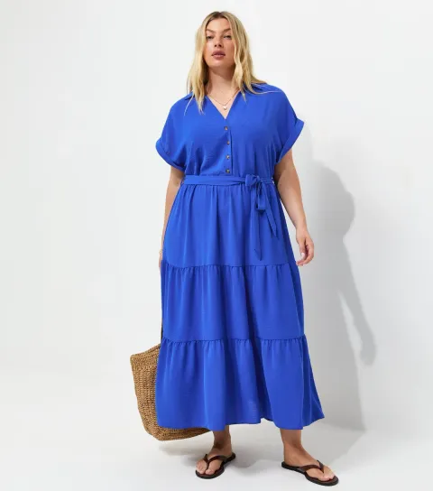 Plus Size Bright Blue Tiered Midi Shirt Dress Curves