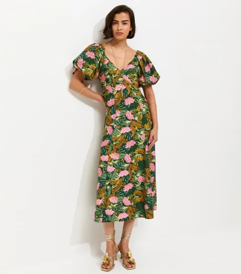 Green Lotus Print Puff Sleeve Midi Dress