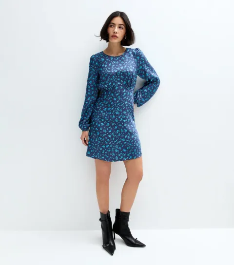 Blue Floral Print Satin Mini Dress