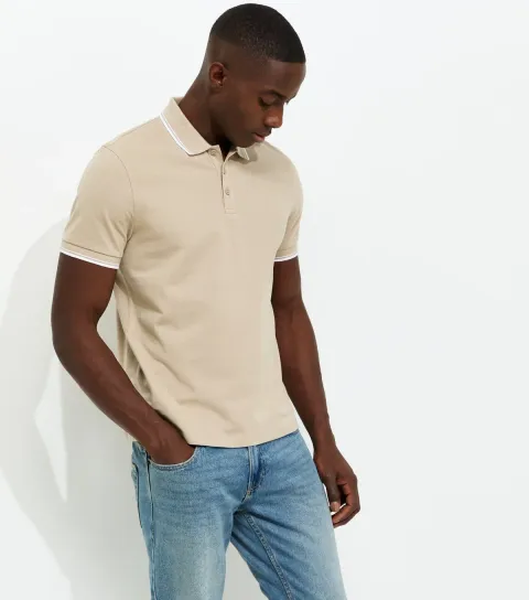 Tan Regular Pique Tipped Collar Polo Shirt