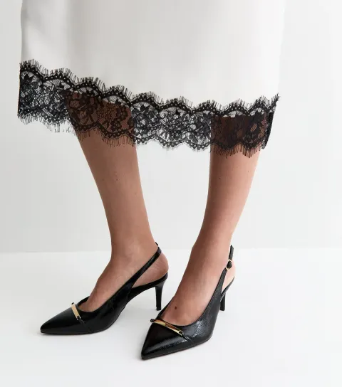 Wide Fit Black Faux Leather Metallic Panel Slingback Pumps Vegan