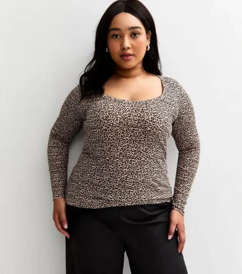 Plus Size Brown Ribbed Leopard Print Long Sleeve Top Curves