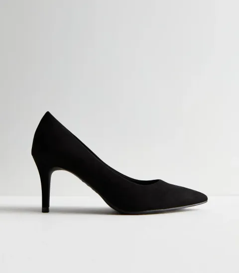 Black Suedette Pointed Stiletto Heel Court Shoes