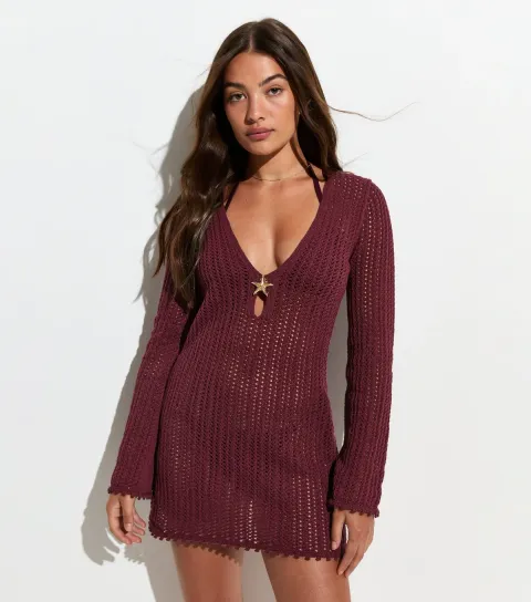 Burgundy Star Buckle Crochet Kaftan Beach Dress