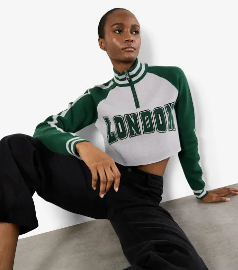 Green London Slogan Quarter Zip Cropped Jumper