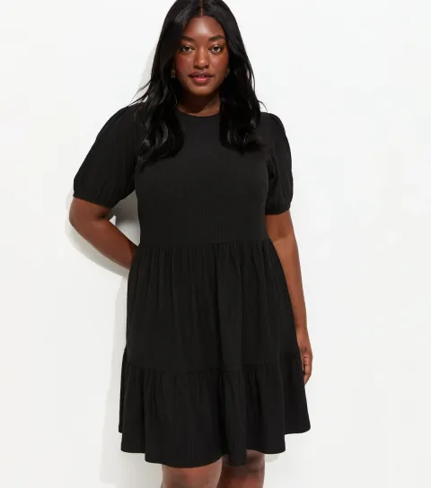 Plus Size Black Crinkle Texture Tiered Smock Mini Dress Curves