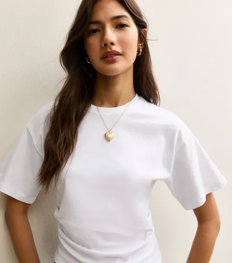 White Ruched Waist Crew Neck T-Shirt