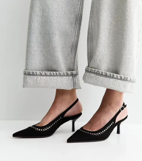 Black Faux Suede Studded Slingback Court Shoes Vegan