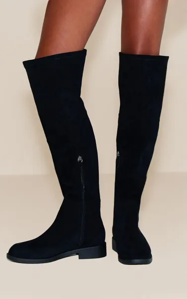 Wide Fit Black Faux Suede Round Toe Riding Knee High Boot