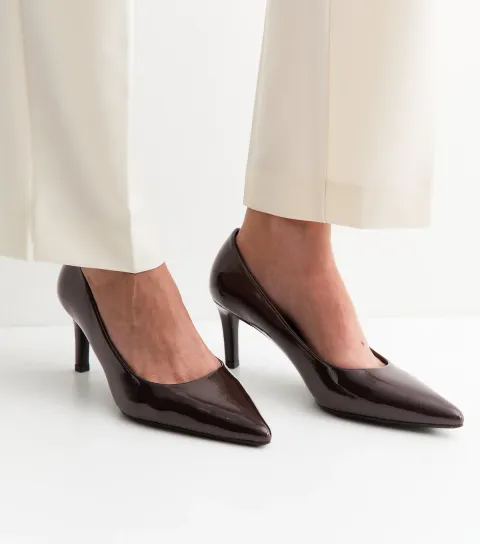 Dark Brown Patent Faux Leather Pointed Toe Court Shoes Vegan