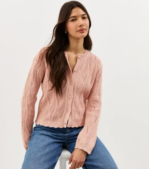 Pink Cotton Rich Ladder Stitch Scallop Trim Knitted Cardigan