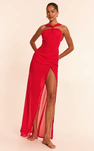 Red Halter Neck Chiffon Maxi Beach Dress