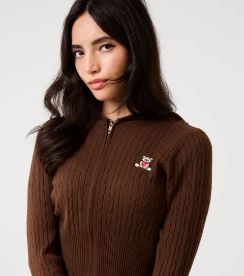 Brown Teddy Embroidered Cable Knit Hoodie