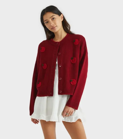 Dark Burgundy Tomato Appliqué Cardigan