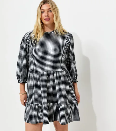 Plus Size Black Gingham Print Cropped Sleeve Mini Smock Dress Curves