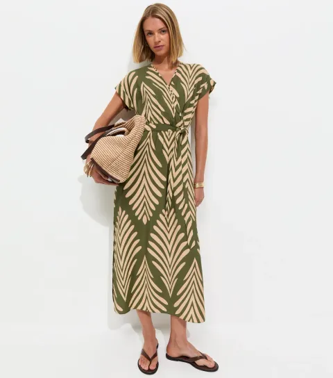 Green Palm Pattern Wrap Midi Dress