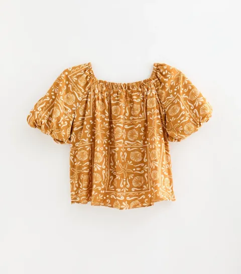Plus Size Orange Shell Print Puff Sleeve Blouse Curves
