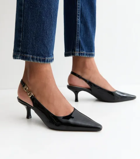 Truffle Black Faux Leather Chain Slingback Court Shoes