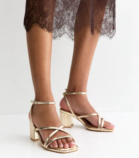 Extra Wide Fit Gold Block Heel Multi Strap Sandals