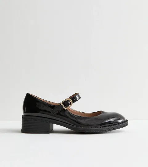 Wide Fit Black Faux Patent Mary Jane Shoes Vegan