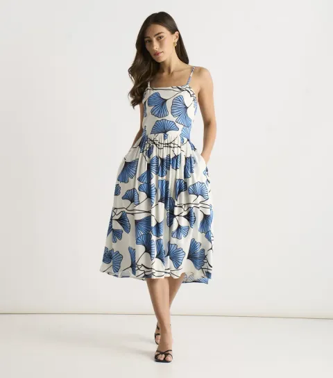 Blue Floral Print Cami Midi Dress