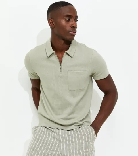 Light Khaki Regular Textured Quarter Zop Polo Shirt