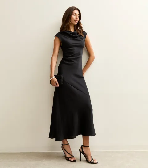 Tall Black Satin Cowl Neck Midi Dress