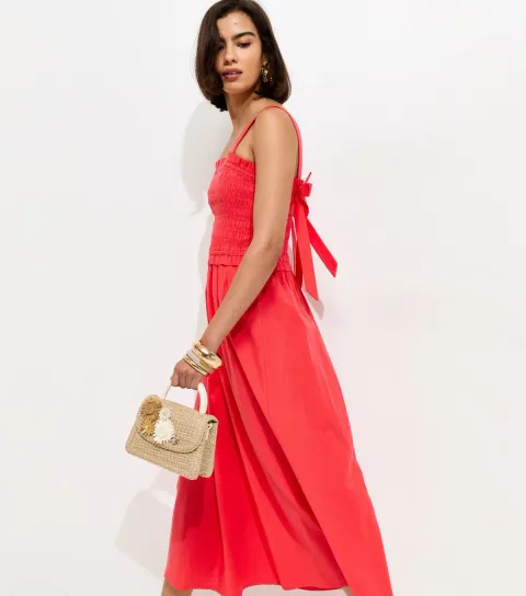 Dark Coral Cotton Shirred Bow Strap Midi Dress