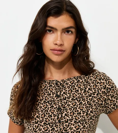 Brown Cotton Rich Leopard Print Button Front T-Shirt