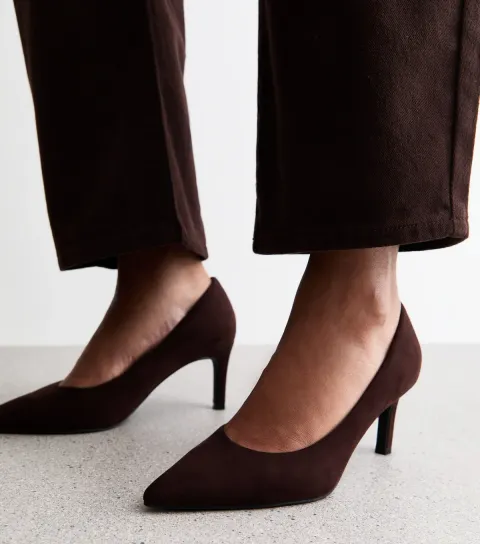 Dark Brown Faux Suede Pointed Toe Court Shoes Vegan