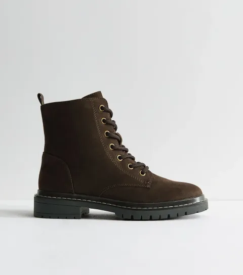Dark Brown Faux Suede Stitch Trim Faux Lace Up Ankle Boots Vegan