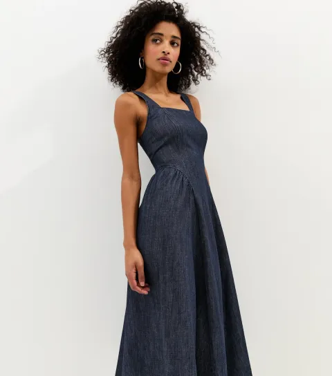 Navy Denim Square Neck Midi Dress