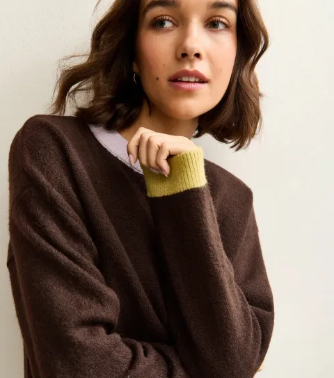 Dark Brown Lilac and Green Contrast Rib Crew Neck Jumper