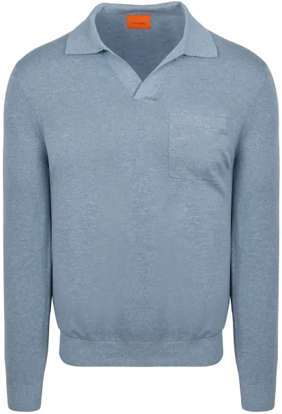 Suitable Longsleeve Knitted Polo Shirt Riva Pocket Light Light blue Blue maat L