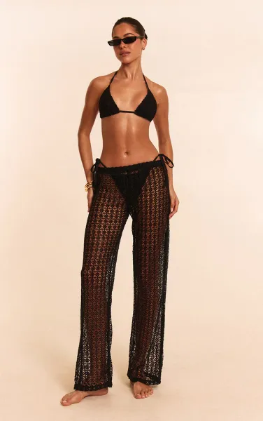 Black Crochet Wide Leg Beach Trousers