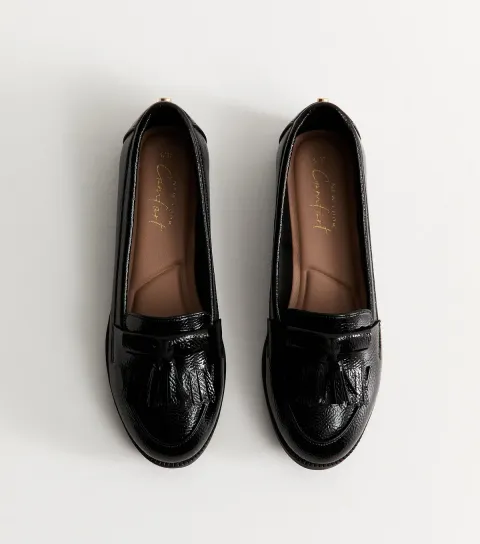 Black Faux Patent Leather Crinkle Texture Tassel Loafers Vegan