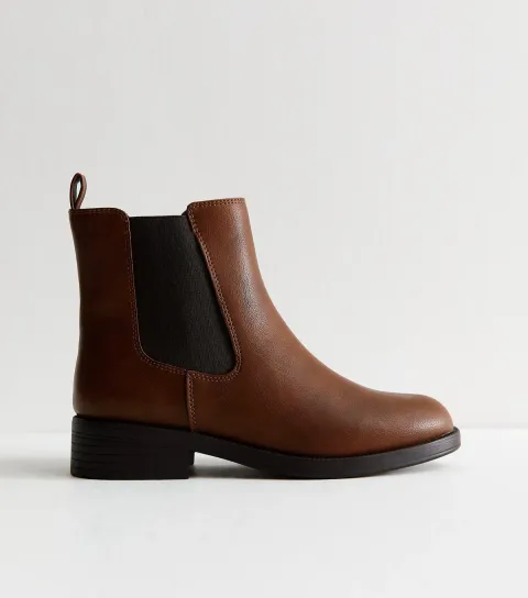 Wide Fit Tan Faux Leather Chelsea Flat Ankle Boots Vegan