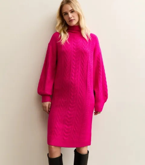 Bright Pink High Neck Jumper Dress
