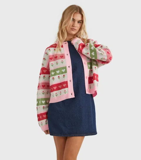 Pink Floral Stripe Knit Cardigan
