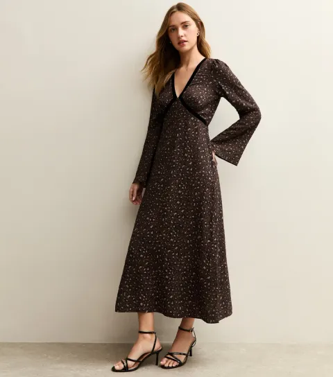 Brown Animal Print Velvet Trim Midi Dress