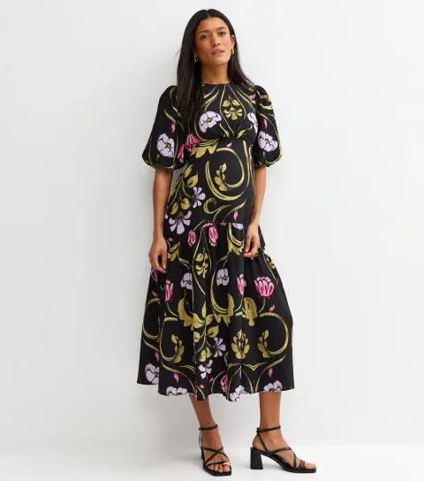 Maternity Black Floral Tiered Midi Dress