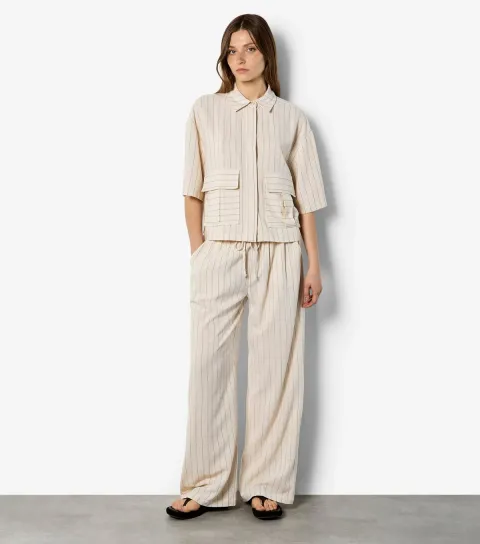Stone Pinstripe Wide Leg Trousers