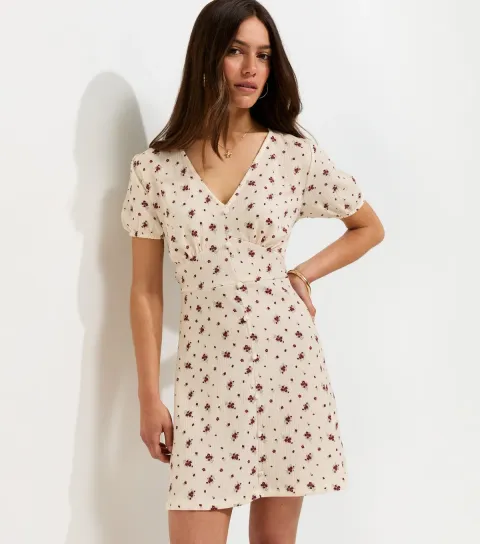Petite White V Neck Red Florals Mini Dress