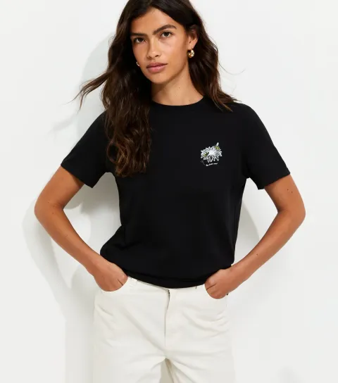 Black Cotton Daisy Print Crew Neck T-Shirt