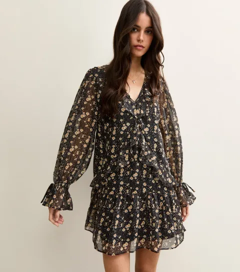 Black Floral Chiffon Frilly Mini Dress