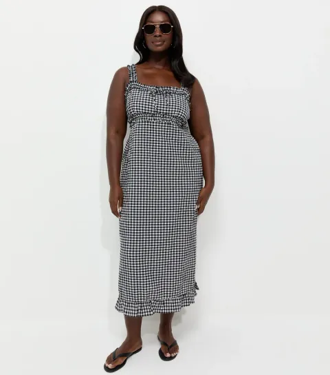 Plus Size Black Frilly Gingham Midi Dress Curves