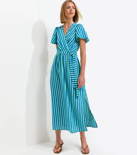 Blue Striped Wrap Midi Dress