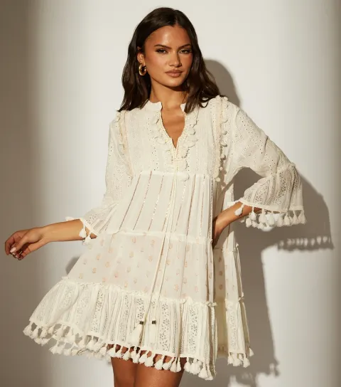 Cream Trim Detail Tiered Mini Dress