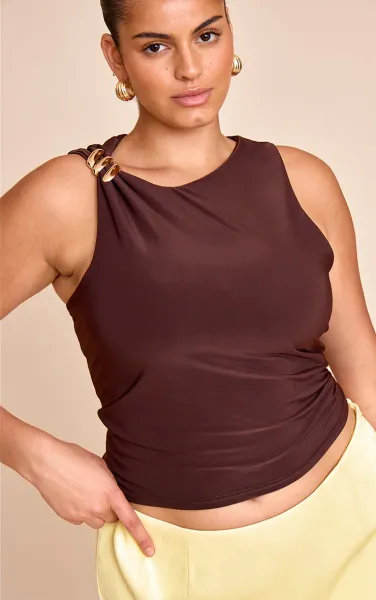 Plus Deep Chocolate Double Layer Slinky Trim Detail Long Vest Top