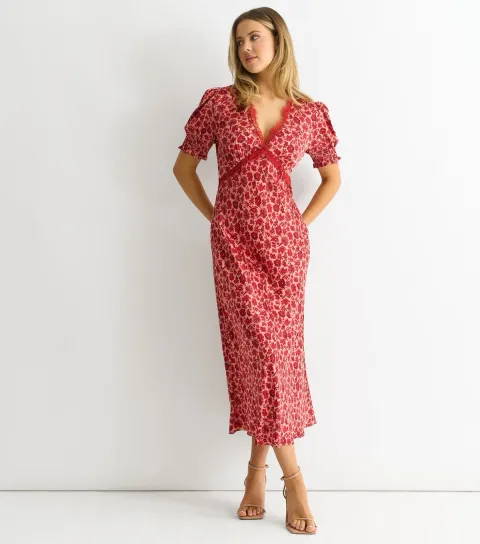 Red Floral Print Lace Trim Midi Dress